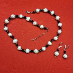 Black White Bead Necklace & Dangling Earring Set Fashion Jewelry